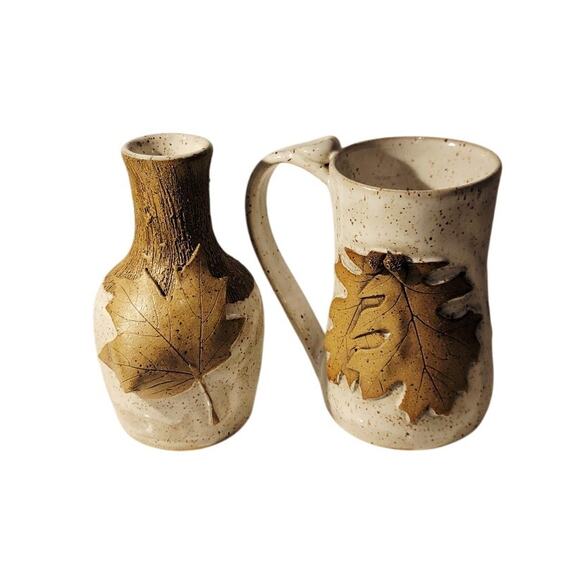 Handmade Studio Pottery Bud Vase & Mug Maple Leaf Design Signed PRP Speckle - Picture 1 of 14